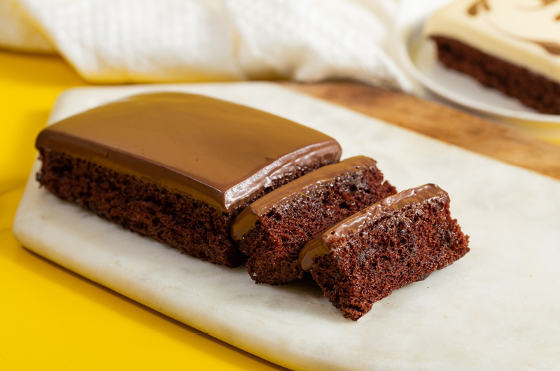 Larna House soft-fudge chocolate cake, sliced